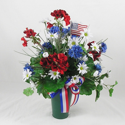WW-226 Red, white & blue silk cemetery vase - metal vase included.